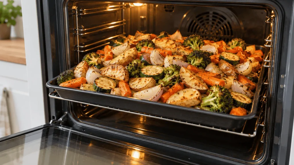 El horno no calienta bien o cocina de forma desigual: causas y qué revisar 3 Bandeja de horno excesivamente llena de verduras amontonadas, sin espacio entre los alimentos