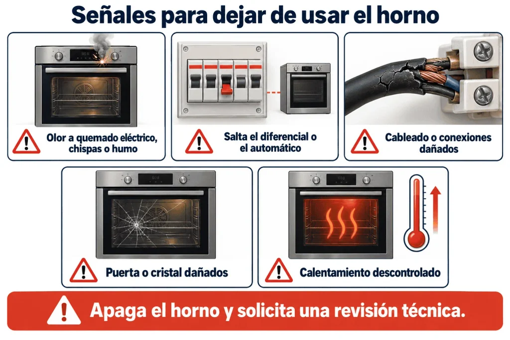 El horno no calienta bien o cocina de forma desigual: causas y qué revisar 4 Señales para dejar de usar el horno: humo o chispas, salto del diferencial, cableado dañado, cristal roto y calentamiento descontrolado